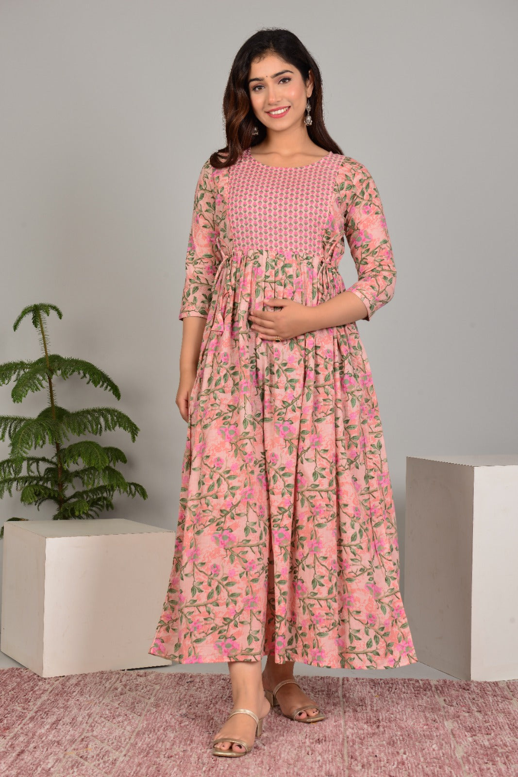 Hima Premium Cotton Anarkali Feeding & Maternity Kurti – 48 Inch Length, 2 Side Zips All-Day Comfort for Moms (Peach Green)