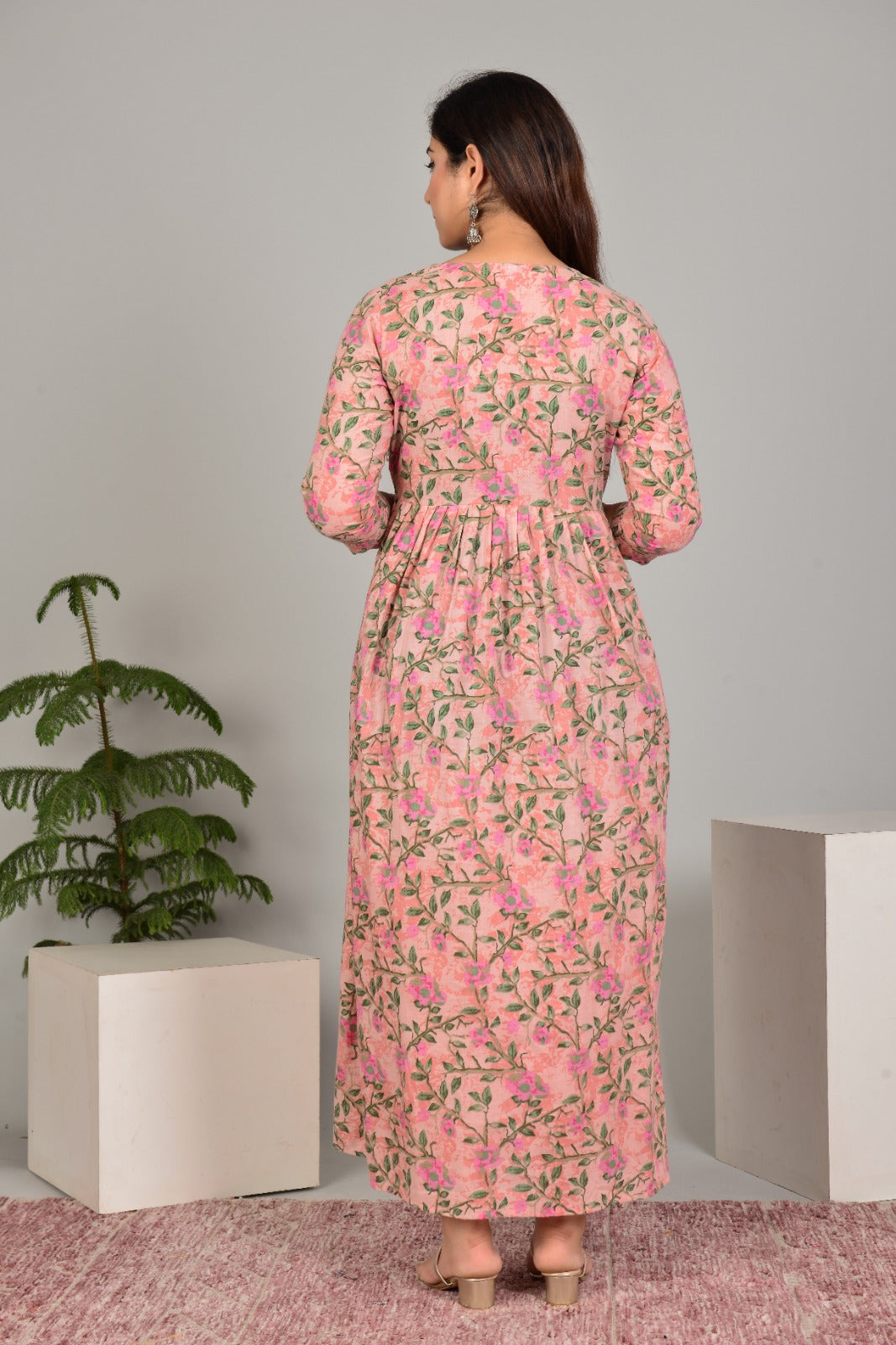 Hima Premium Cotton Anarkali Feeding & Maternity Kurti – 48 Inch Length, 2 Side Zips All-Day Comfort for Moms (Peach Green)