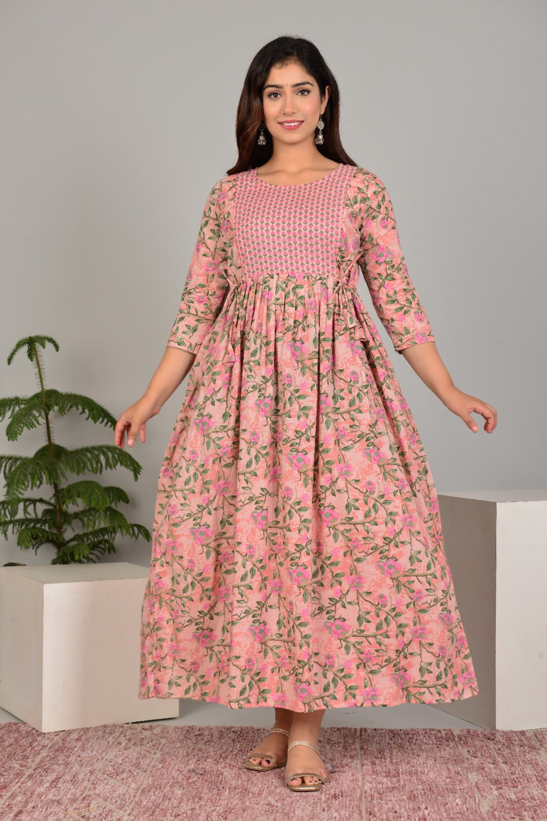 Hima Premium Cotton Anarkali Feeding & Maternity Kurti – 48 Inch Length, 2 Side Zips All-Day Comfort for Moms (Peach Green)