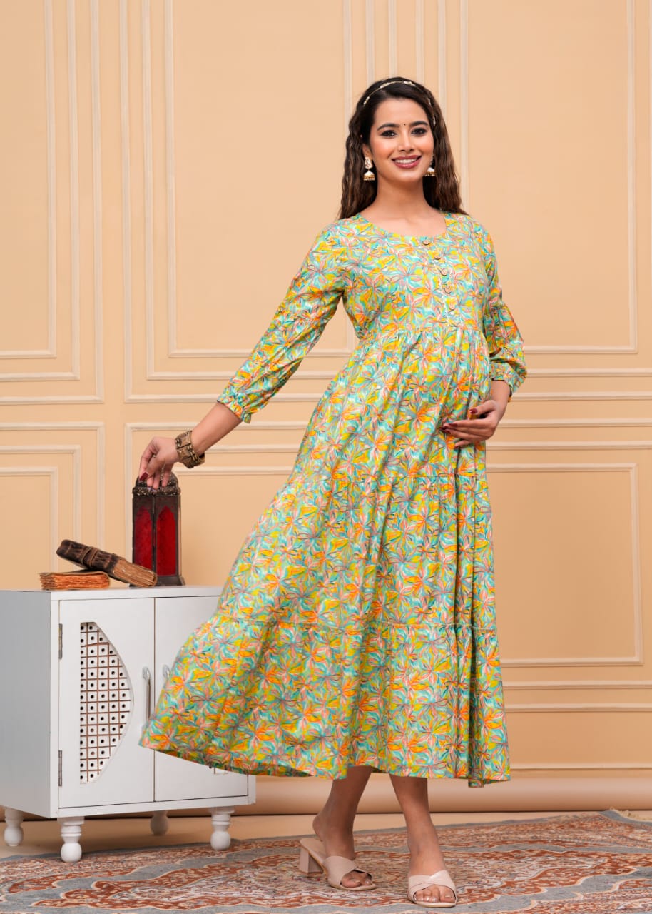 Hima Premium Cotton Anarkali Feeding & Maternity Kurti β 48 Inch Length, 2 Side Zips All-Day Comfort for Moms (Green)