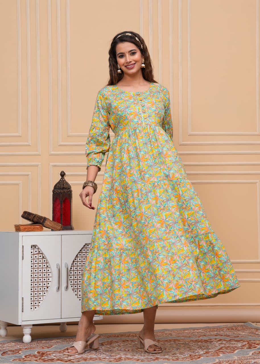Hima Premium Cotton Anarkali Feeding & Maternity Kurti β 48 Inch Length, 2 Side Zips All-Day Comfort for Moms (Green)