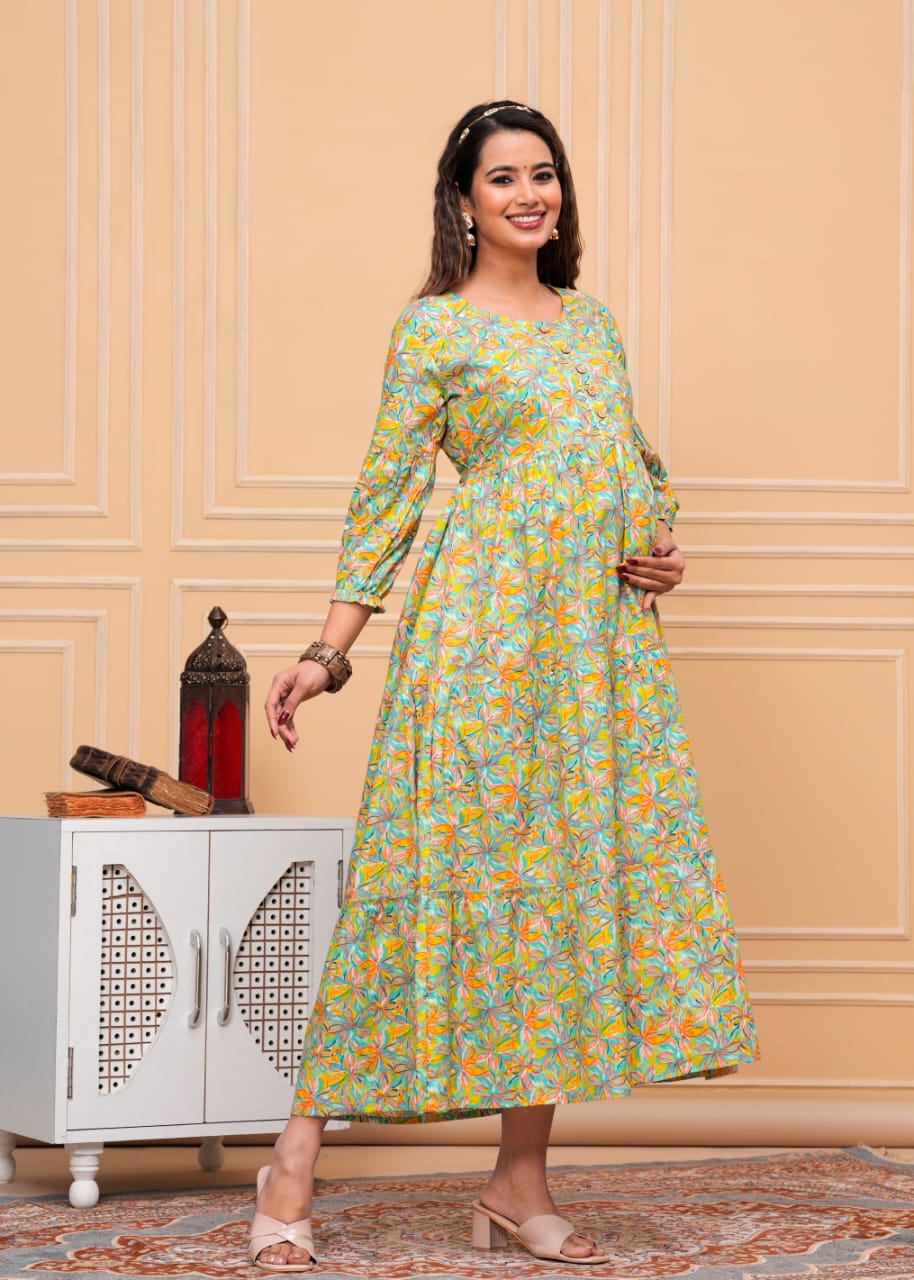 Hima Premium Cotton Anarkali Feeding & Maternity Kurti β 48 Inch Length, 2 Side Zips All-Day Comfort for Moms (Green)