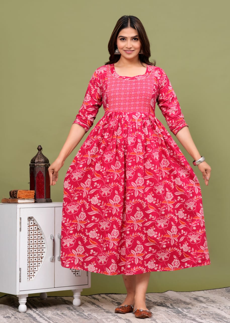 Hima Premium Cotton Anarkali Feeding & Maternity Kurti β 48 Inch Length, 2 Side Zips All-Day Comfort for Moms (Pink)