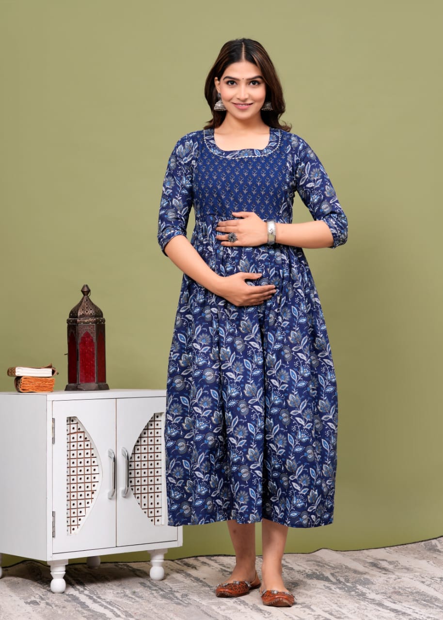 Hima Premium Cotton Anarkali Feeding & Maternity Kurti β 48 Inch Length, 2 Side Zips All-Day Comfort for Moms (Blue)
