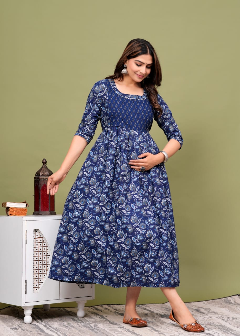 Hima Premium Cotton Anarkali Feeding & Maternity Kurti β 48 Inch Length, 2 Side Zips All-Day Comfort for Moms (Blue)