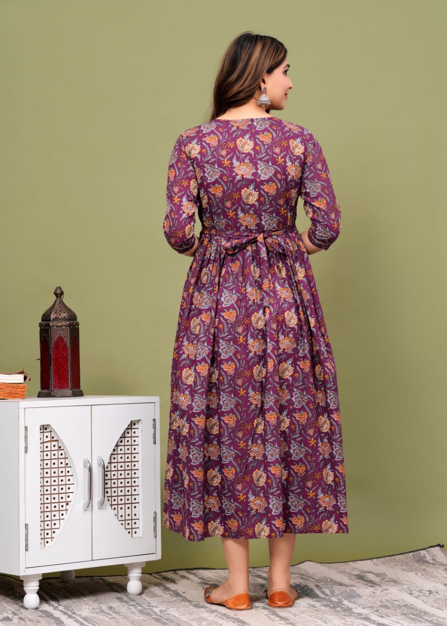 Hima Premium Cotton Anarkali Feeding & Maternity Kurti – 48 Inch Length, 2 Side Zips All-Day Comfort for Moms (Purple)