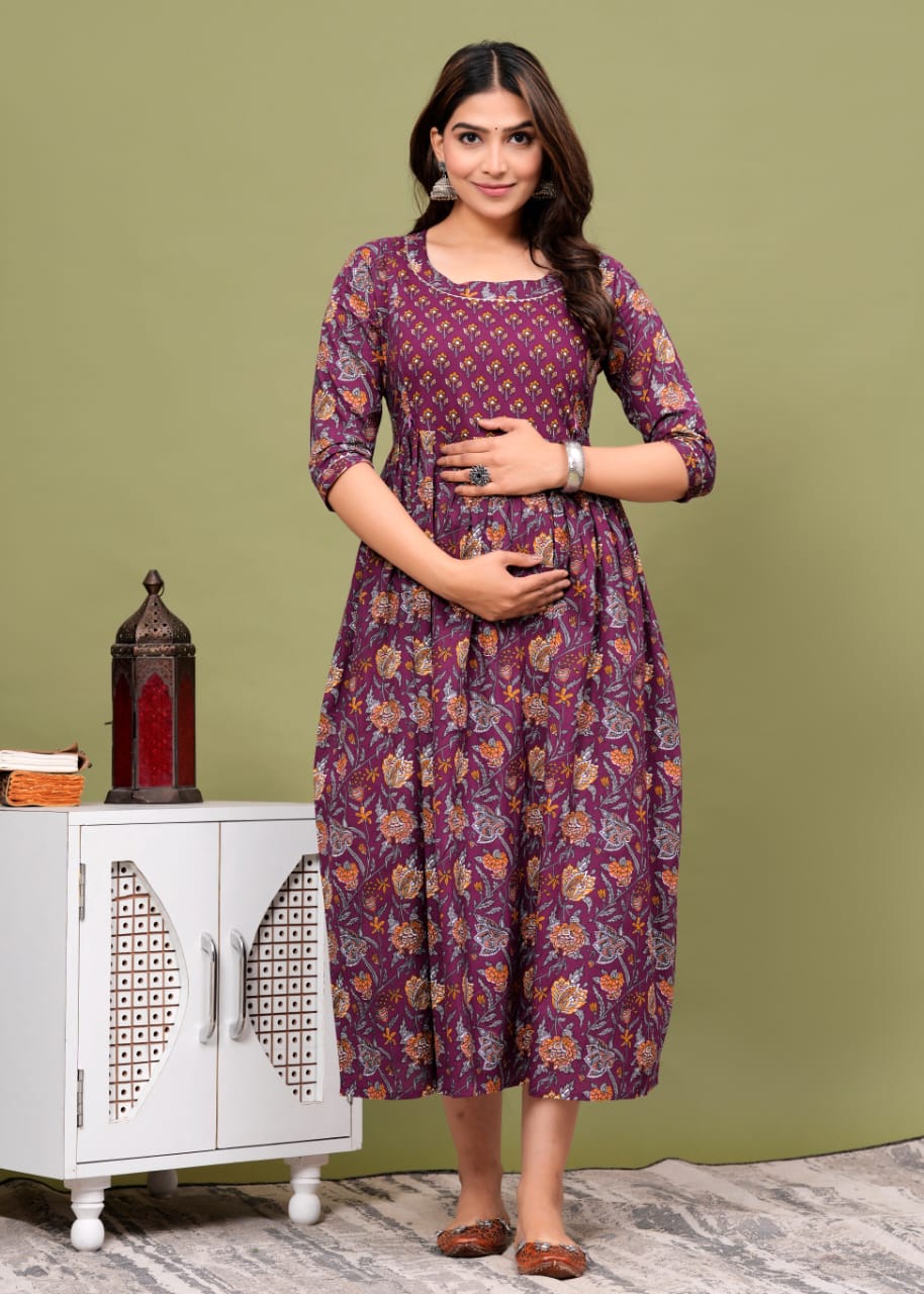 Hima Premium Cotton Anarkali Feeding & Maternity Kurti – 48 Inch Length, 2 Side Zips All-Day Comfort for Moms (Purple)