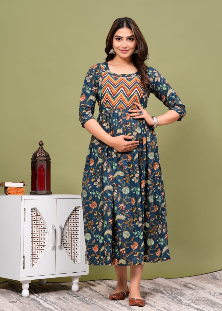 Hima Premium Cotton Anarkali Feeding & Maternity Kurti β 48 Inch Length, 2 Side Zips All-Day Comfort for Moms (Blue)