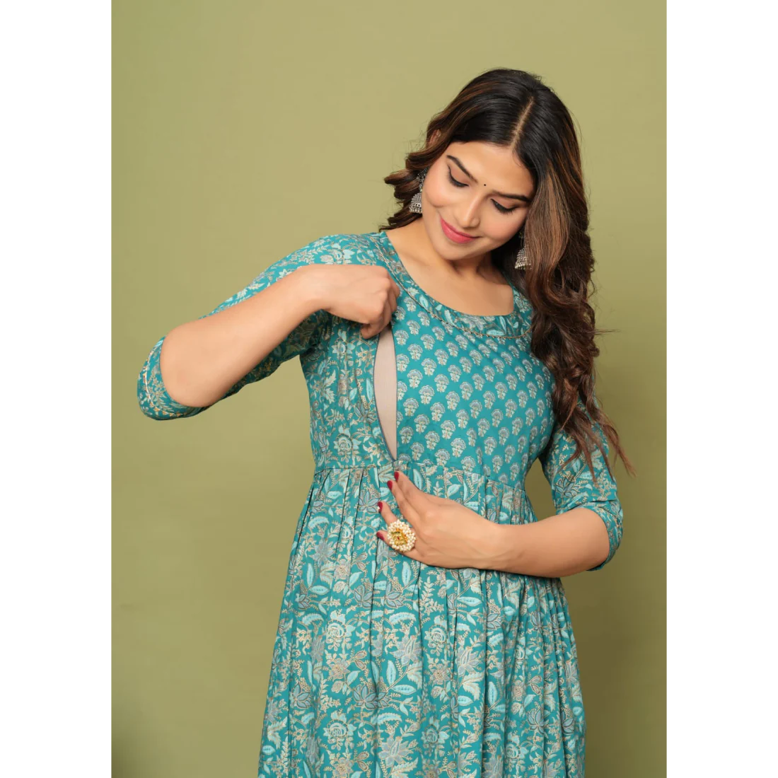 Hima Premium Cotton Anarkali Feeding & Maternity Kurti β 48 Inch Length, 2 Side Zips All-Day Comfort for Moms (Green)