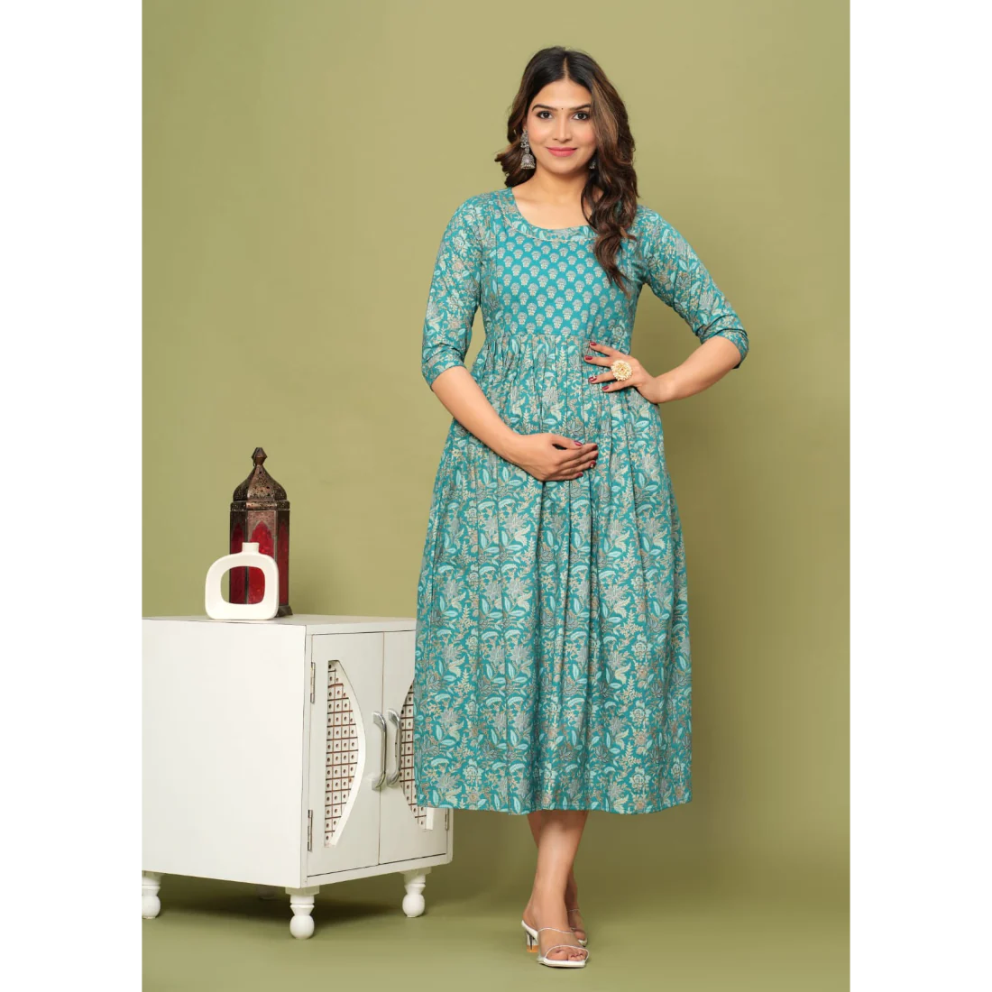 Hima Premium Cotton Anarkali Feeding & Maternity Kurti β 48 Inch Length, 2 Side Zips All-Day Comfort for Moms (Green)