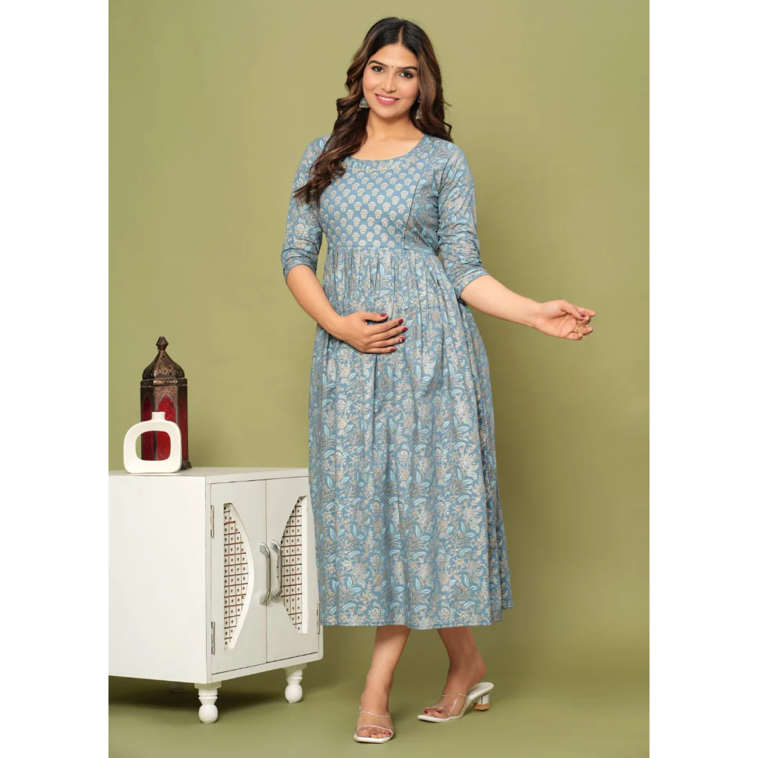Hima Premium Cotton Anarkali Feeding & Maternity Kurti β 48 Inch Length, 2 Side Zips All-Day Comfort for Moms (Grey Blue)