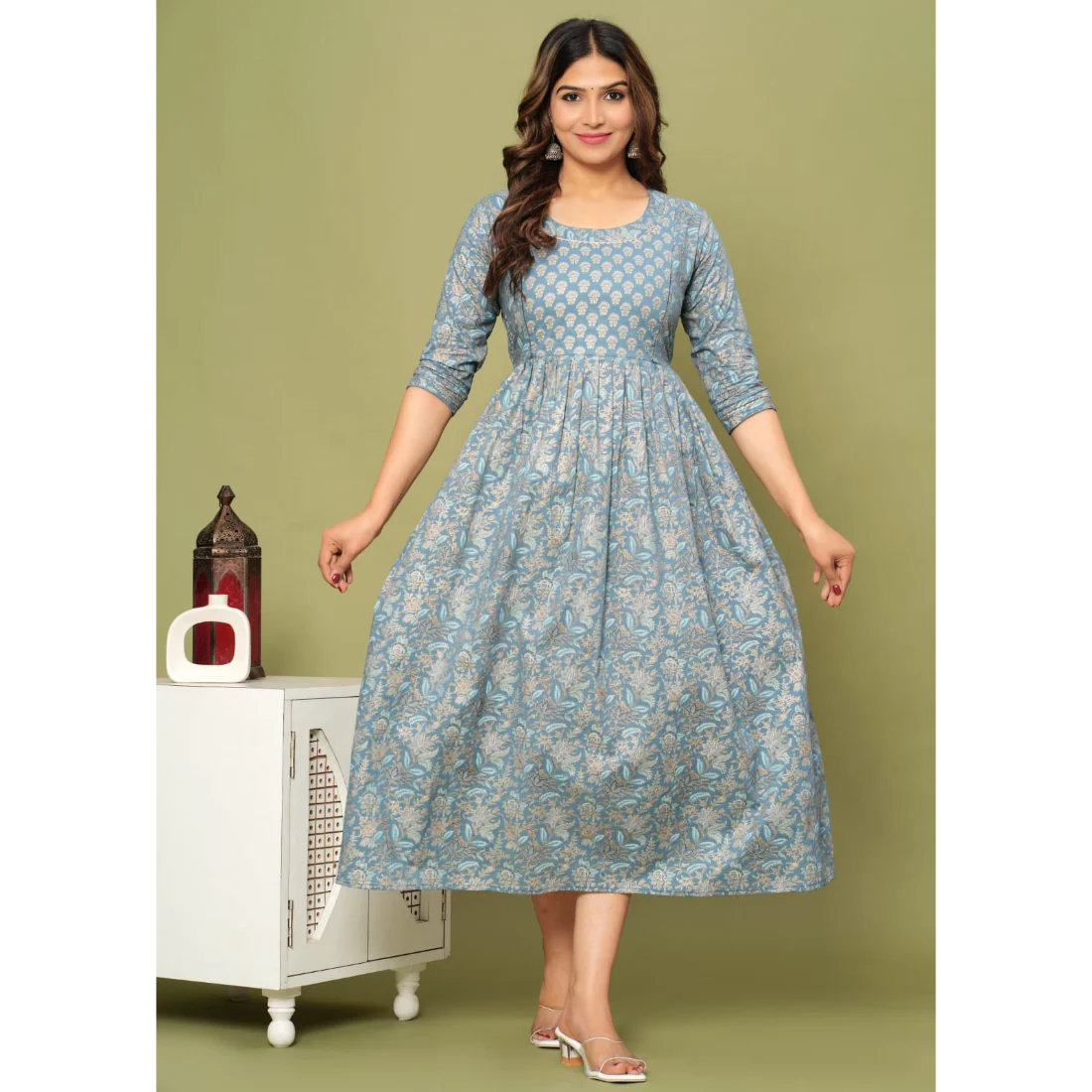 Hima Premium Cotton Anarkali Feeding & Maternity Kurti β 48 Inch Length, 2 Side Zips All-Day Comfort for Moms (Grey Blue)