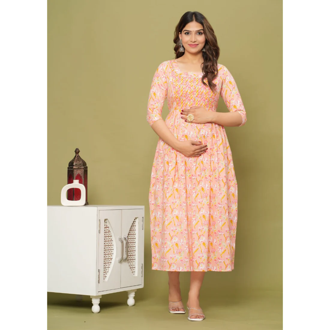 Hima Premium Cotton Anarkali Feeding & Maternity Kurti β 48 Inch Length, 2 Side Zips All-Day Comfort for Moms (Orange)
