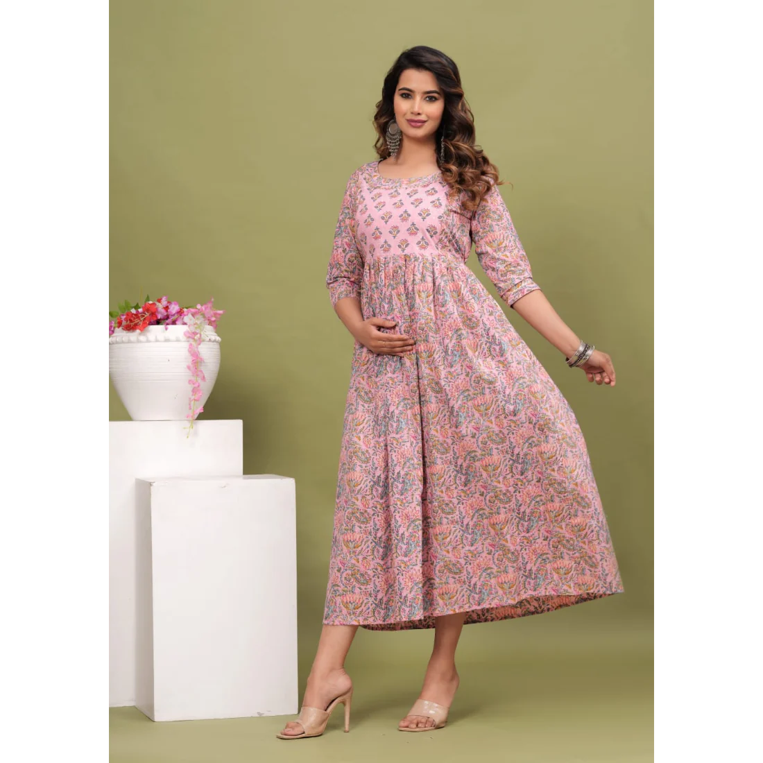 Hima Premium Cotton Anarkali Feeding & Maternity Kurti β 48 Inch Length, 2 Side Zips All-Day Comfort for Moms (Pink)