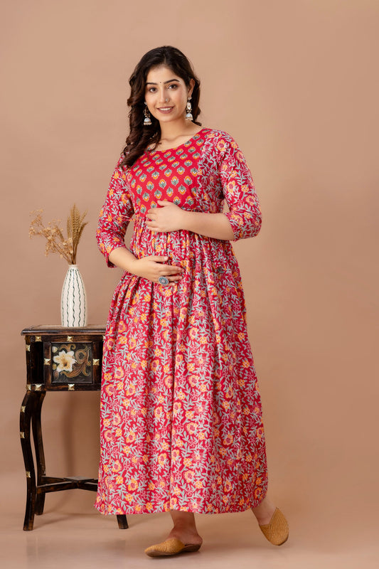 Hima Premium Cotton Anarkali Feeding & Maternity Kurti – 48 Inch Length, 2 Side Zips All-Day Comfort for Moms (Red)(TUL001)