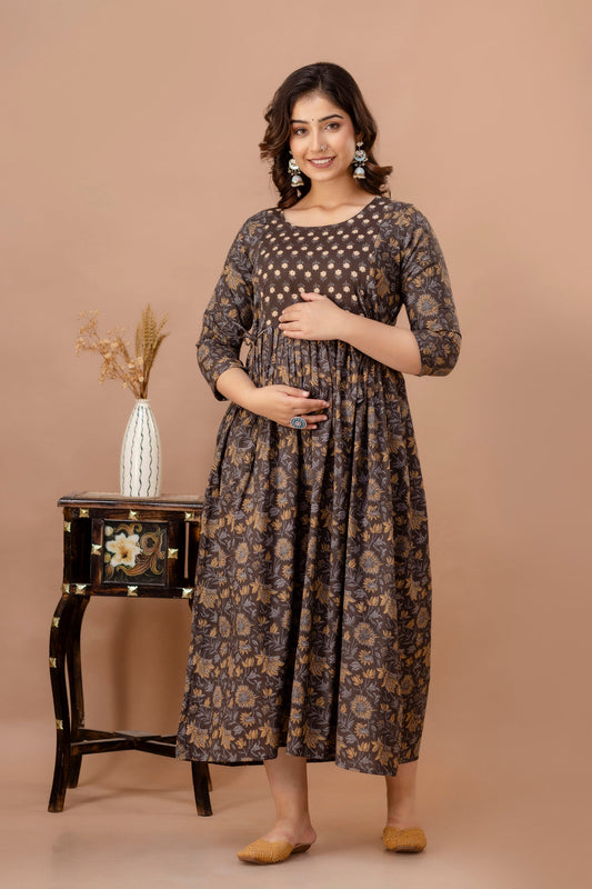 Hima Premium Cotton Anarkali Feeding & Maternity Kurti – 48 Inch Length, 2 Side Zips All-Day Comfort for Moms (Brown)