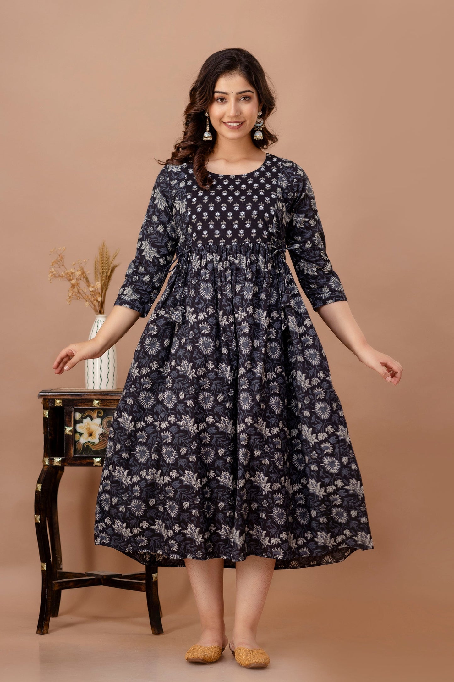 Hima Premium Cotton Anarkali Feeding & Maternity Kurti – 48 Inch Length, 2 Side Zips All-Day Comfort for Moms (Black)