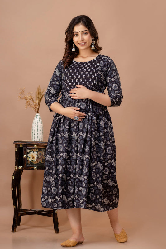 Hima Premium Cotton Anarkali Feeding & Maternity Kurti – 48 Inch Length, 2 Side Zips All-Day Comfort for Moms (Black)