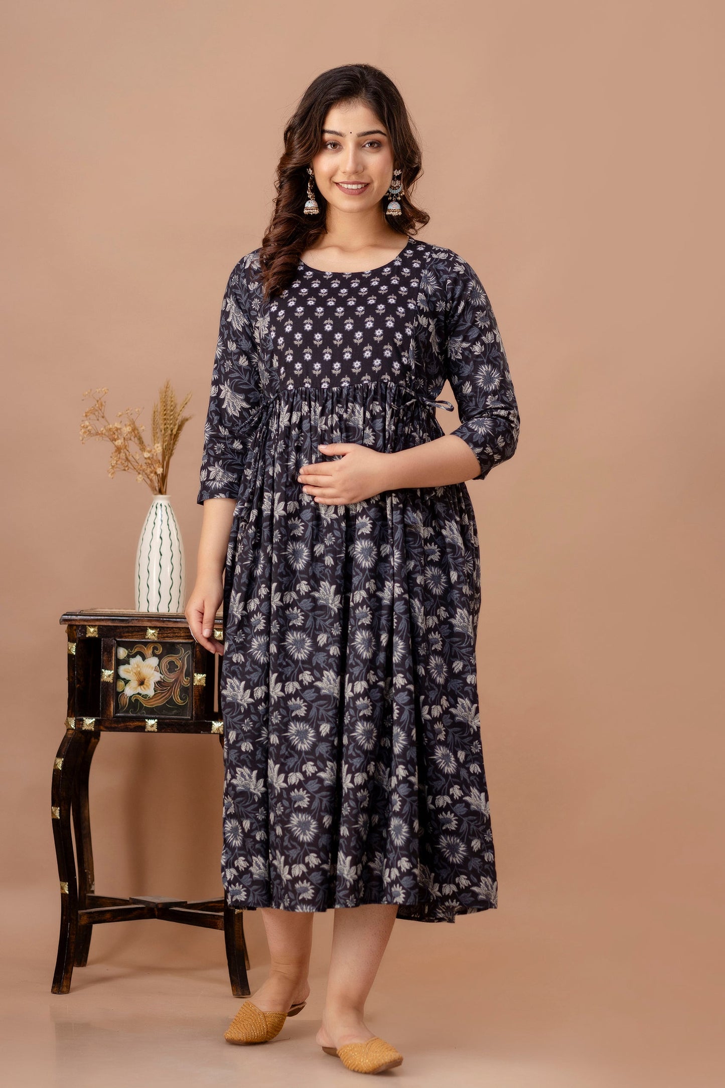 Hima Premium Cotton Anarkali Feeding & Maternity Kurti – 48 Inch Length, 2 Side Zips All-Day Comfort for Moms (Black)