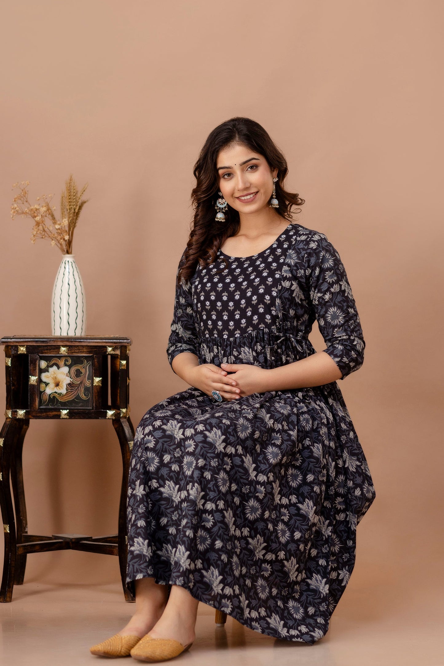 Hima Premium Cotton Anarkali Feeding & Maternity Kurti – 48 Inch Length, 2 Side Zips All-Day Comfort for Moms (Black)