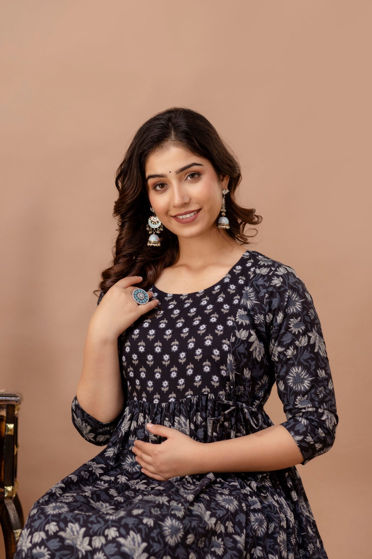 Hima Premium Cotton Anarkali Feeding & Maternity Kurti – 48 Inch Length, 2 Side Zips All-Day Comfort for Moms (Black)