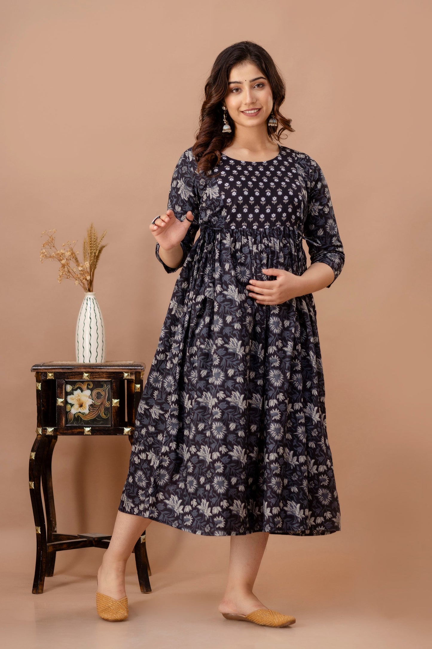 Hima Premium Cotton Anarkali Feeding & Maternity Kurti – 48 Inch Length, 2 Side Zips All-Day Comfort for Moms (Black)