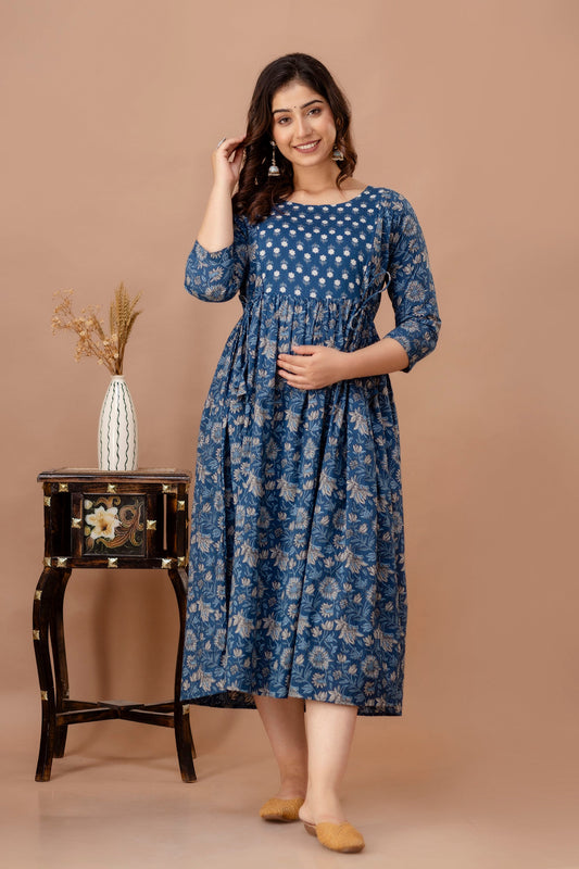 Hima Premium Cotton Anarkali Feeding & Maternity Kurti – 48 Inch Length, 2 Side Zips All-Day Comfort for Moms Blue