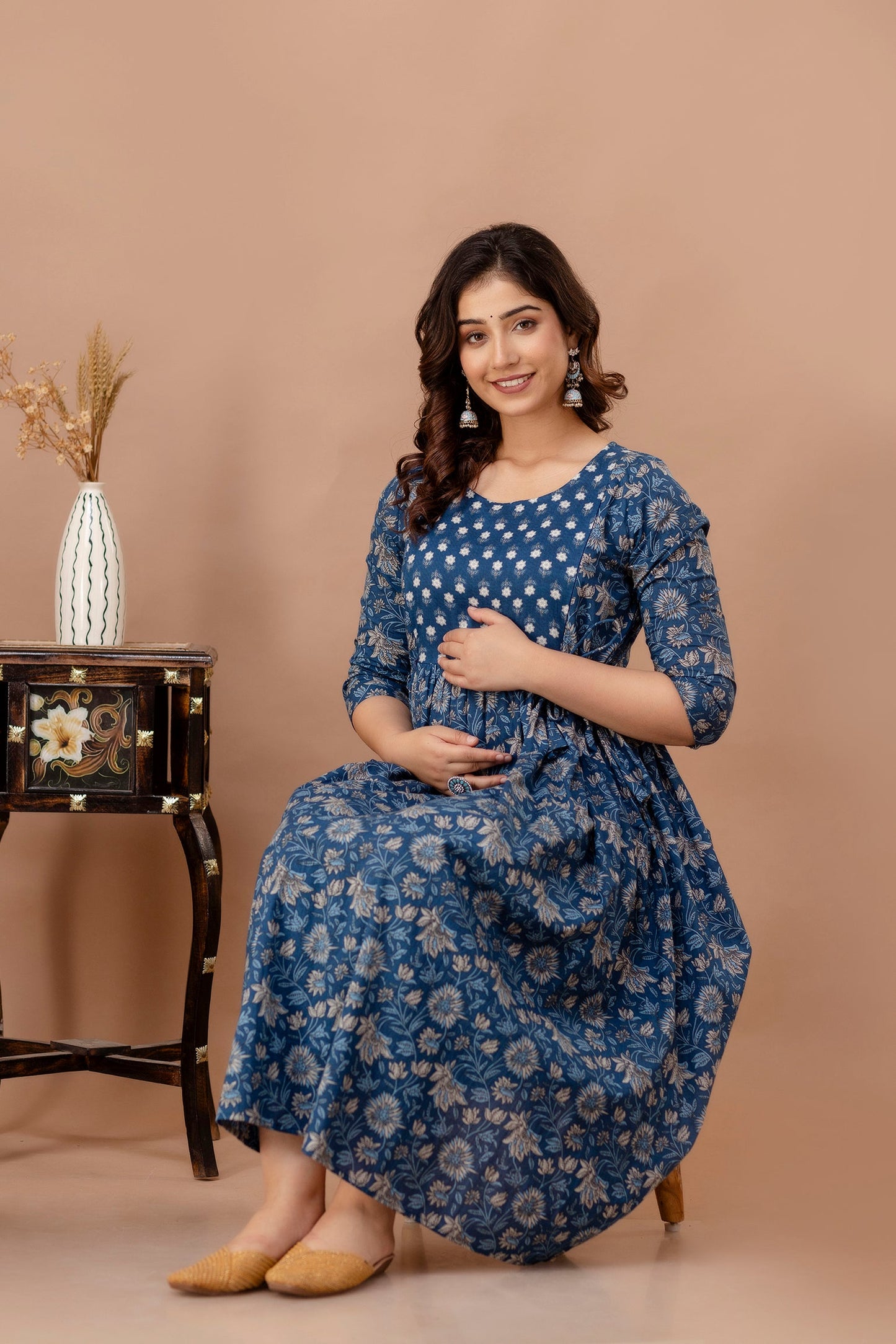 Hima Premium Cotton Anarkali Feeding & Maternity Kurti – 48 Inch Length, 2 Side Zips All-Day Comfort for Moms Blue