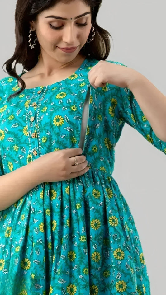 Hima Premium Cotton Anarkali Feeding & Maternity Kurti – 48 Inch Length, 2 Side Zips All-Day Comfort for Moms (Green)