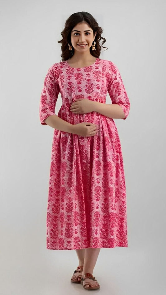Hima Premium Cotton Anarkali Feeding & Maternity Kurti – 48 Inch Length, 2 Side Zips All-Day Comfort for Moms (Pink)