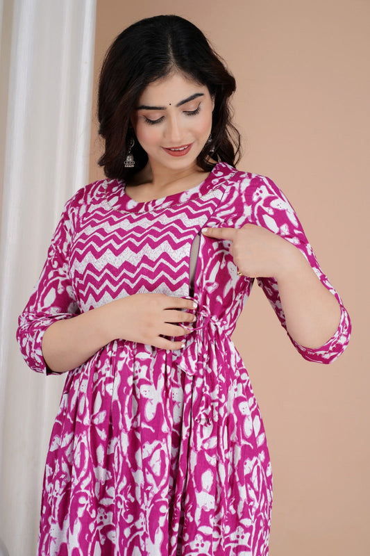 Hima Premium Cotton Anarkali Feeding & Maternity Kurti – 48 Inch Length, 2 Side Zips All-Day Comfort for Moms  (Pink)