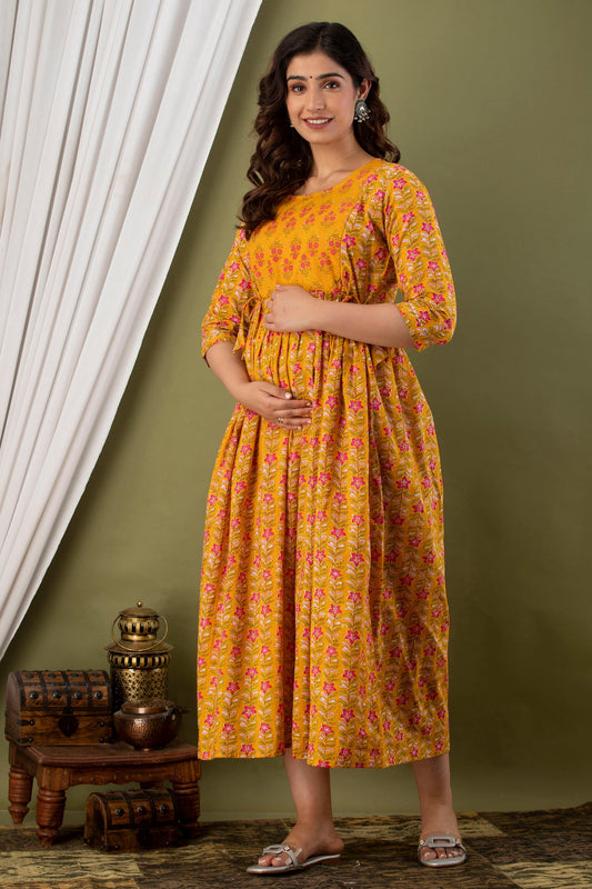 Hima Premium Cotton Anarkali Feeding & Maternity Kurti – 48 Inch Length, 2 Side Zips All-Day Comfort for Moms (Yellow)