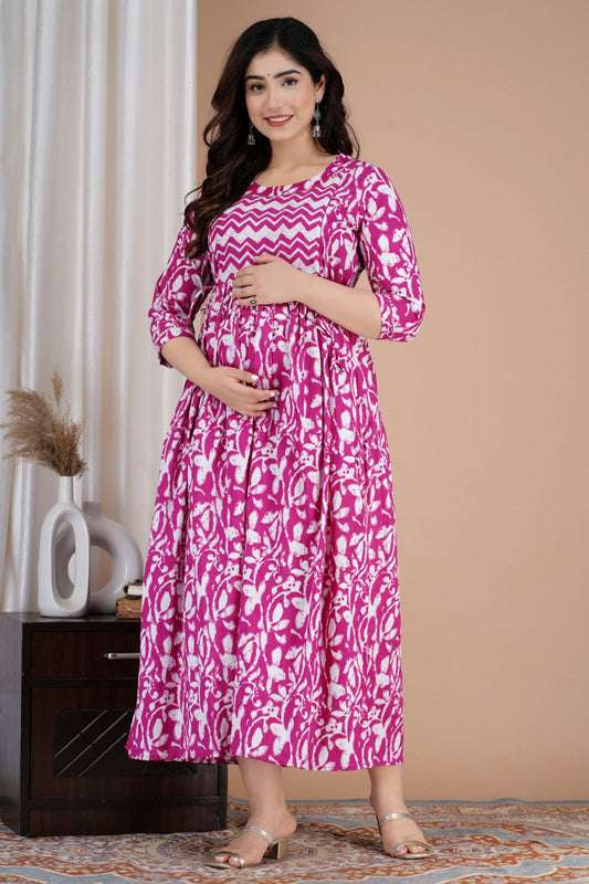 Hima Premium Cotton Anarkali Feeding & Maternity Kurti – 48 Inch Length, 2 Side Zips All-Day Comfort for Moms  (Pink)