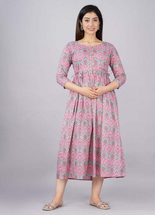 Hima Premium Cotton Anarkali Feeding & Maternity Kurti – 48 Inch Length, 2 Side Zips All-Day Comfort for Moms (Light Pink)