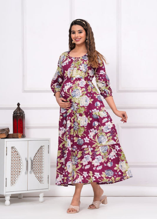 Hima Premium Cotton Anarkali Feeding & Maternity Kurti – 48 Inch Length, 2 Side Zips All-Day Comfort for Moms (Purple)