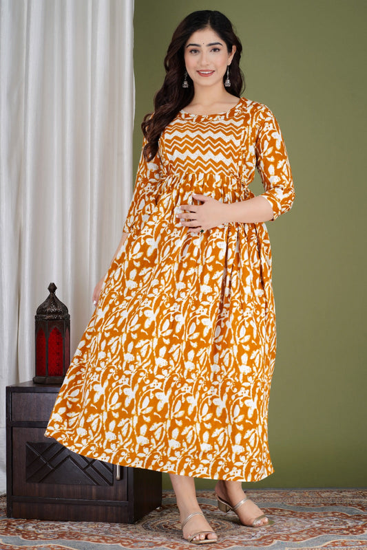 Hima Premium Cotton Anarkali Feeding & Maternity Kurti – 48 Inch Length, 2 Side Zips All-Day Comfort for Moms (Yellow)