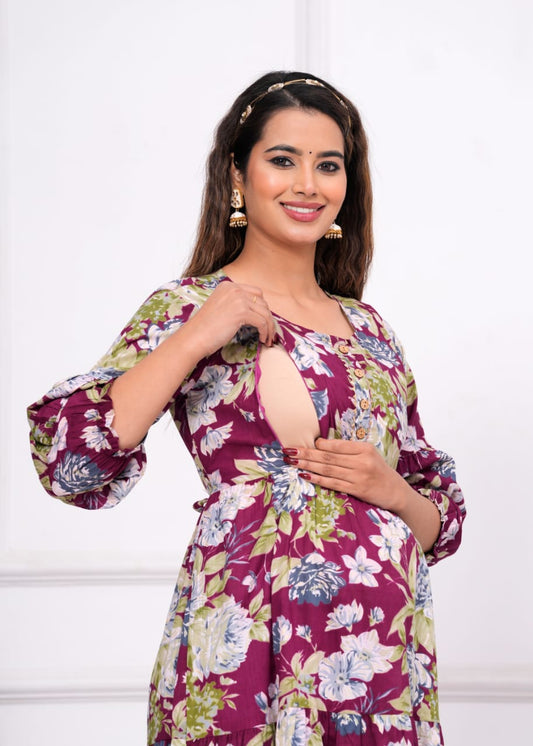 Hima Premium Cotton Anarkali Feeding & Maternity Kurti – 48 Inch Length, 2 Side Zips All-Day Comfort for Moms (Purple)