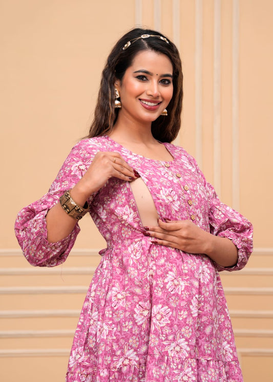 Hima Premium Cotton Anarkali Feeding & Maternity Kurti – 48 Inch Length, 2 Side Zips All-Day Comfort for Moms (Pink)