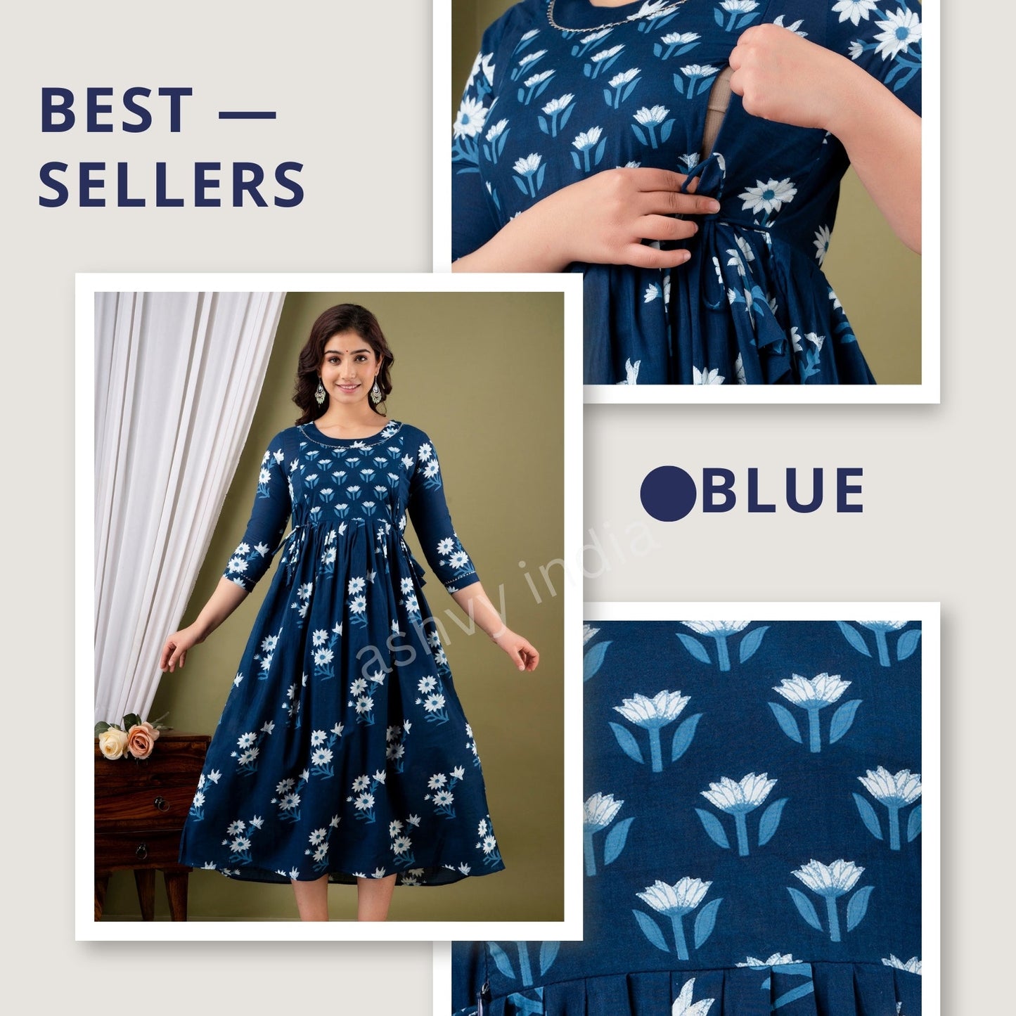 Hima Premium Cotton Anarkali Feeding & Maternity Kurti – 48 Inch Length, 2 Side Zips All-Day Comfort for Moms (Blue)