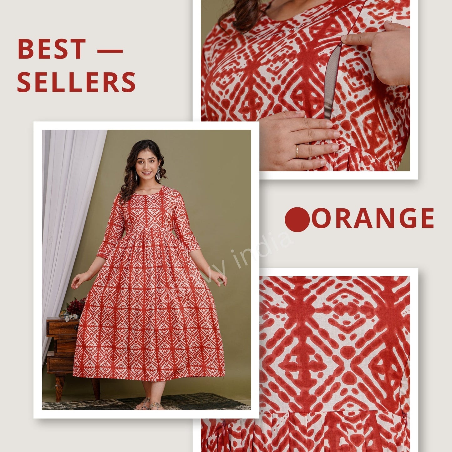 Hima Premium Cotton Anarkali Feeding & Maternity Kurti – 48 Inch Length, 2 Side Zips All-Day Comfort for Moms (Orange)
