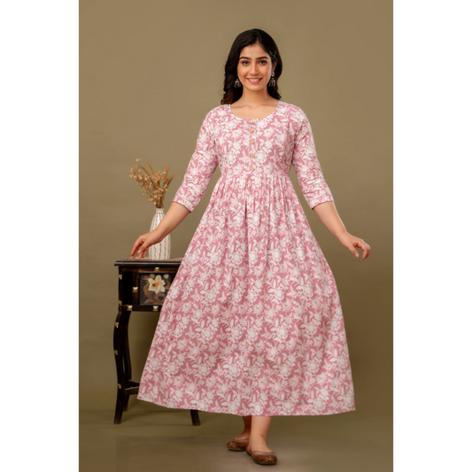Hima Premium Cotton Anarkali Feeding & Maternity Kurti – 48 Inch Length, 2 Side Zips All-Day Comfort for Moms (Pink)