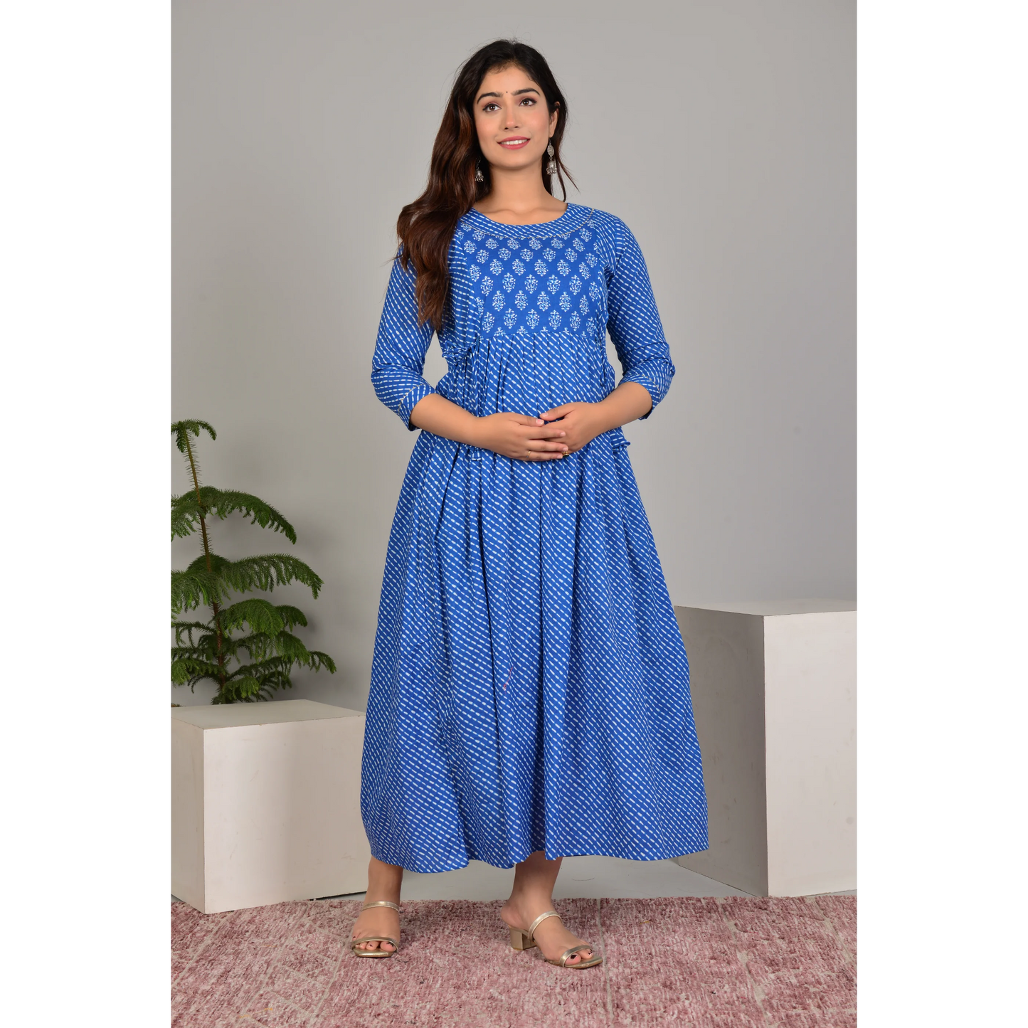 Hima Premium Cotton Anarkali Feeding & Maternity Kurti – 48 Inch Length, 2 Side Zips All-Day Comfort for Moms (Blue)