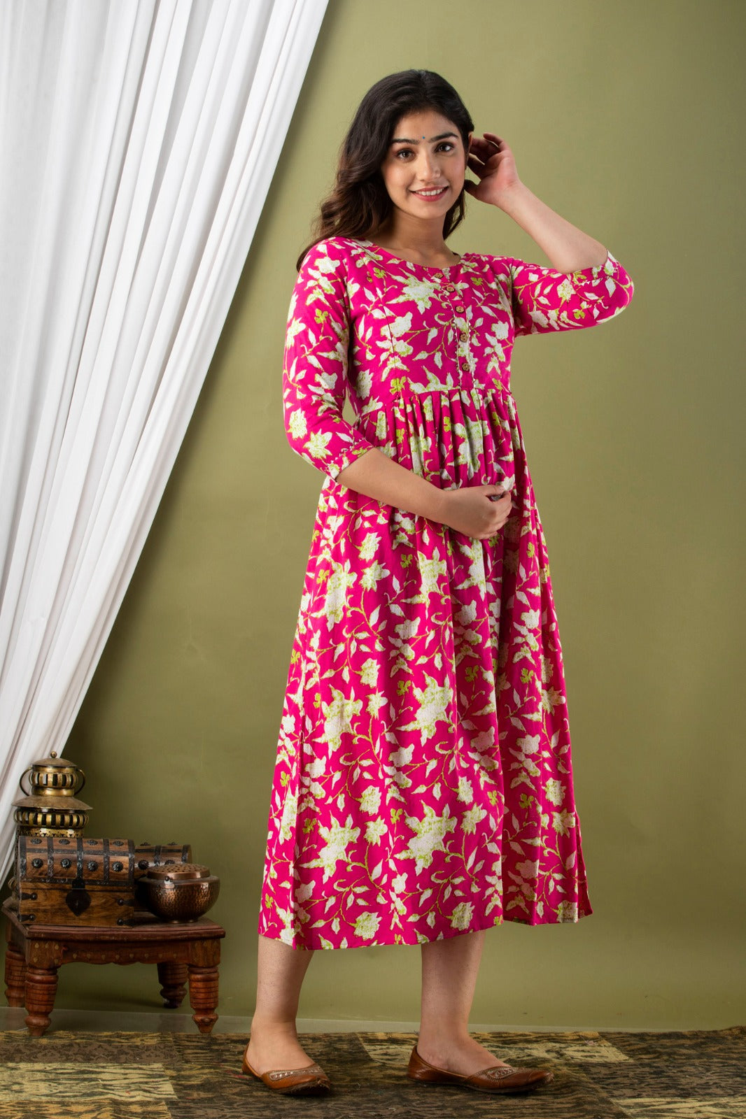 Hima Premium Cotton Anarkali Feeding & Maternity Kurti – 48 Inch Length, 2 Side Zips All-Day Comfort for Moms (Pink)