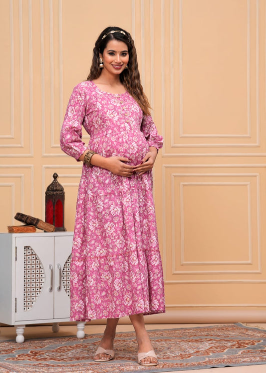 Hima Premium Cotton Anarkali Feeding & Maternity Kurti – 48 Inch Length, 2 Side Zips All-Day Comfort for Moms (Pink)