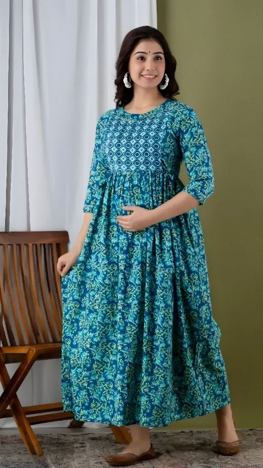 Hima Premium Cotton Anarkali Feeding & Maternity Kurti – 48 Inch Length, 2 Side Zips All-Day Comfort for Moms (Dark Blue)