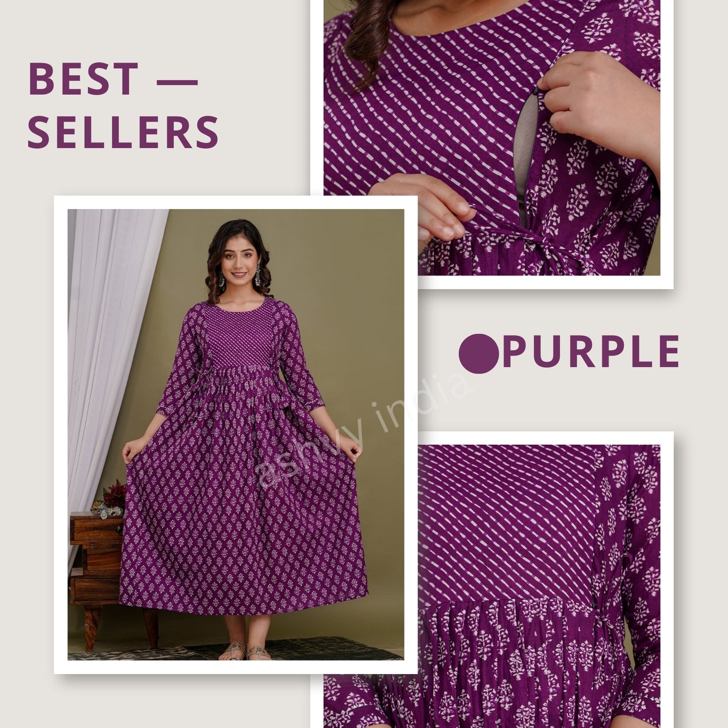Hima Premium Cotton Anarkali Feeding & Maternity Kurti – 48 Inch Length, 2 Side Zips All-Day Comfort for Moms (Purple)
