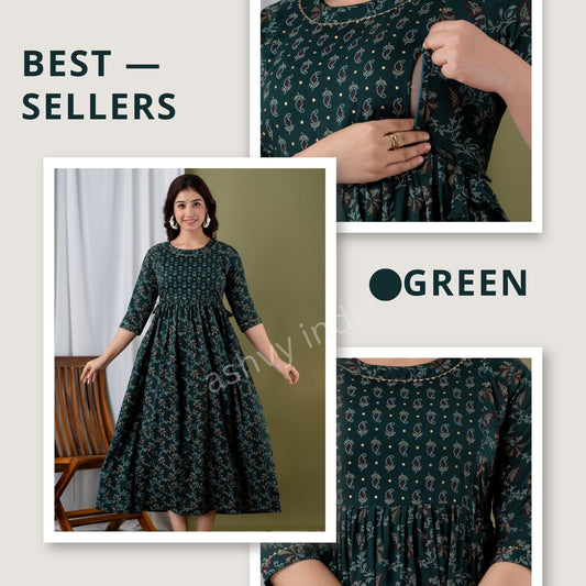 Hima Premium Cotton Anarkali Feeding & Maternity Kurti – 48 Inch Length, 2 Side Zips All-Day Comfort for Moms Green