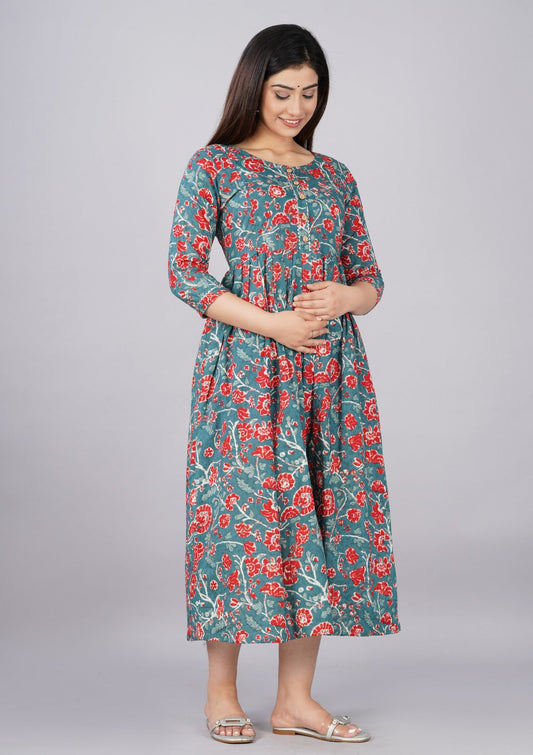 Hima Premium Cotton Anarkali Feeding & Maternity Kurti – 48 Inch Length, 2 Side Zips All-Day Comfort for Moms (Blue-Grey)