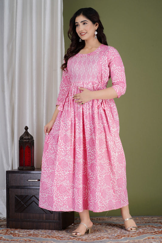 Hima Premium Cotton Anarkali Feeding & Maternity Kurti – 48 Inch Length, 2 Side Zips All-Day Comfort for Moms Pink