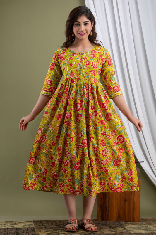 Hima Premium Cotton Anarkali Feeding & Maternity Kurti – 48 Inch Length, 2 Side Zips All-Day Comfort for Moms (Yellow)